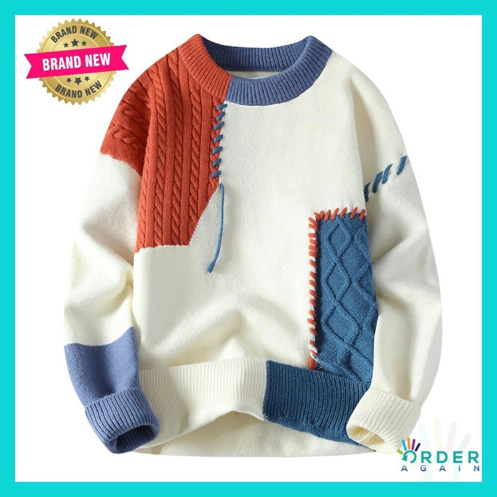 Oversized Cable Knit Pullover Sweater Colorblock Y2K Retro Chic Men's